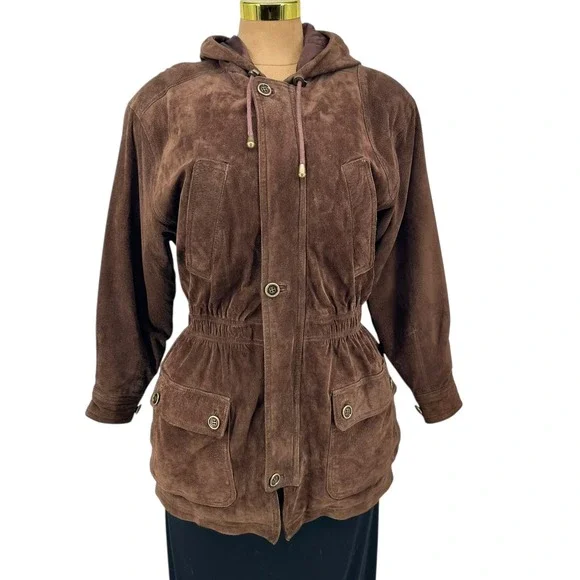 VTG Chocolate Brown Suede Jacket Hooded Leather Parka Oversized Sz S BB Dakota - Picture 7 of 14